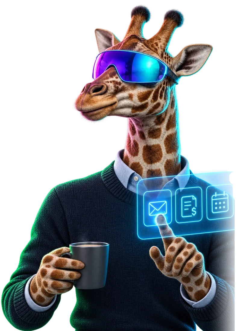 Giraffe mit Kaffeetasse vor schwebenden Symbolen für Mail, Rechnung und Kalender