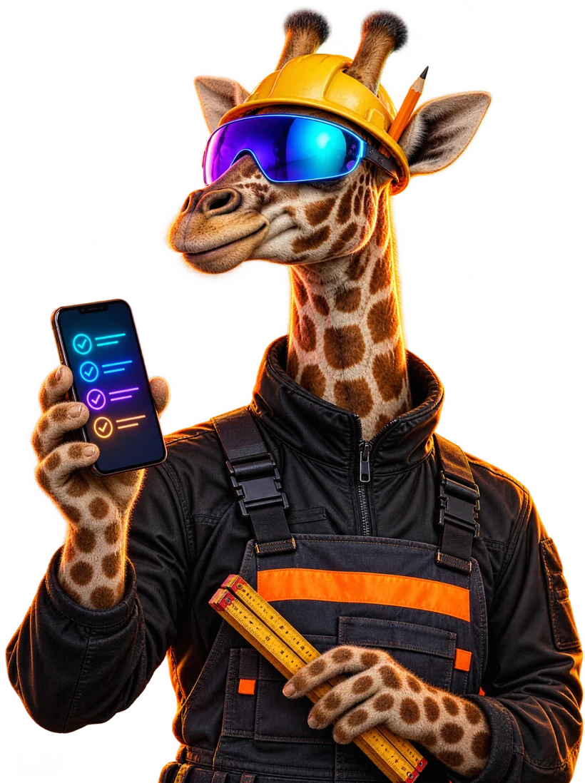 Giraffe mit Bauhelm, Smartphone und Zollstock