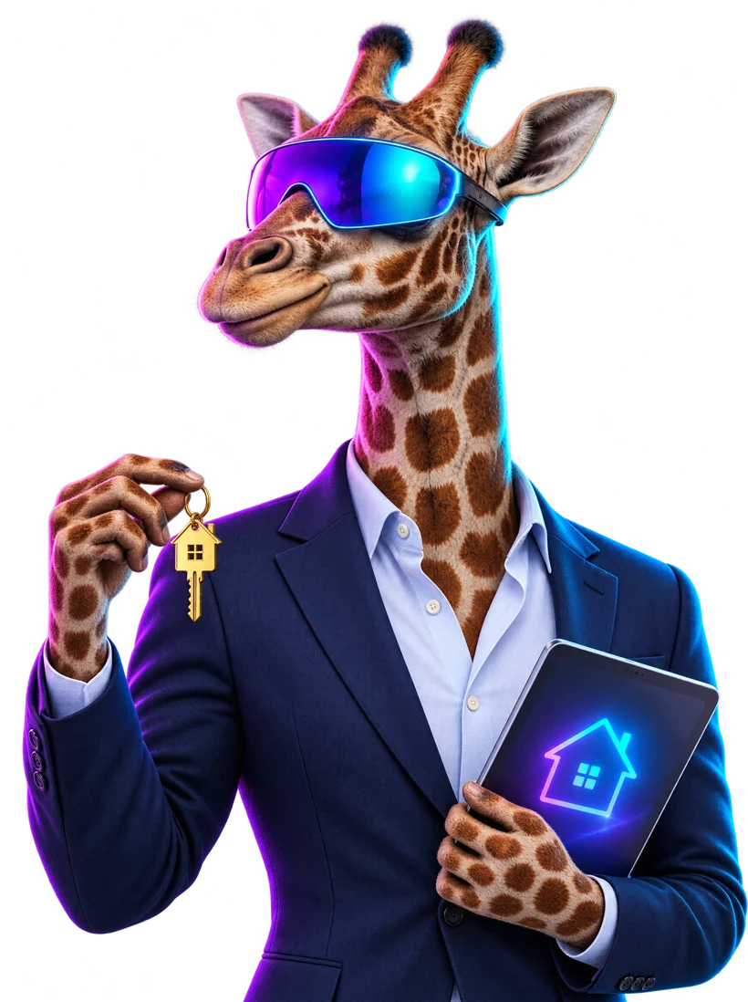 Giraffe im Sakko mit Tablet und Hausschlüssel